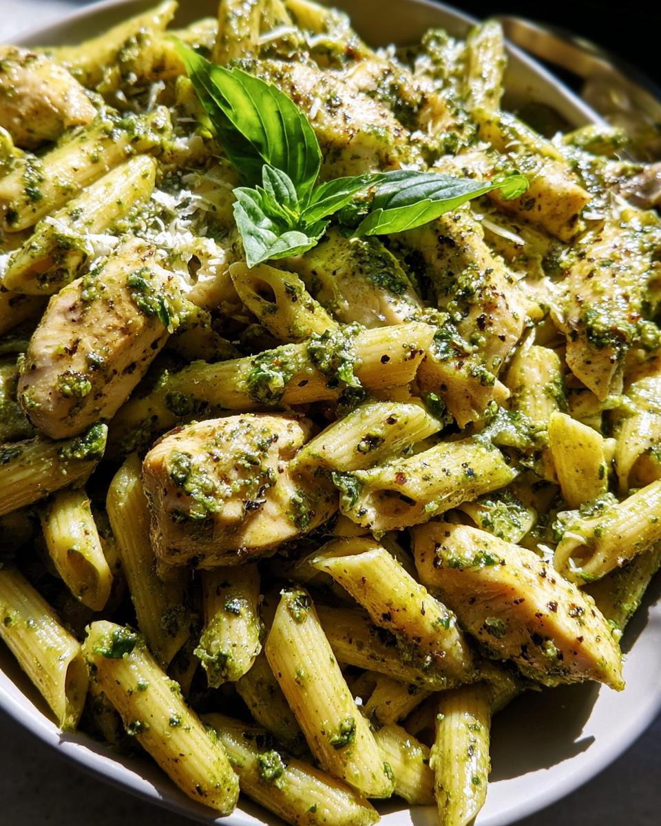 Close-up of penne pasta with sliced chicken breast coated in vibrant green pesto sauce, a popular choice for chicken recipes.