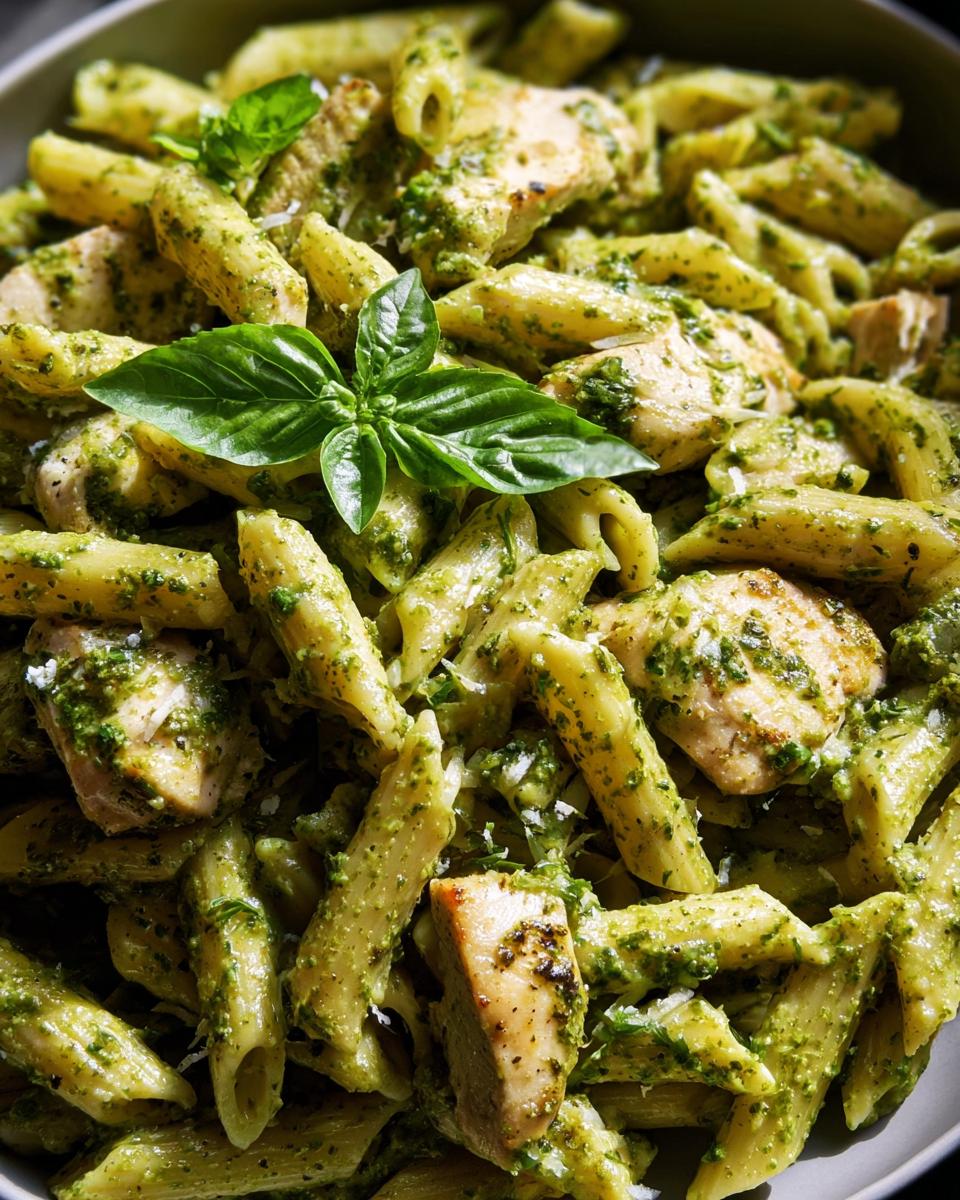 A close-up shot of penne pasta with chicken and vibrant green pesto sauce, garnished with basil.
