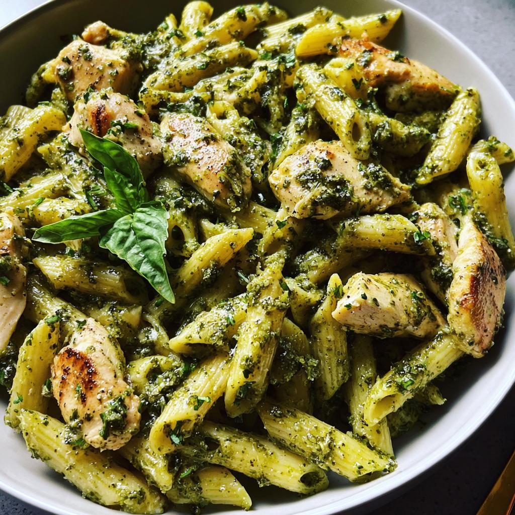 Close-up of penne pasta with grilled chicken pieces coated in vibrant green pesto sauce, a basil leaf garnish.