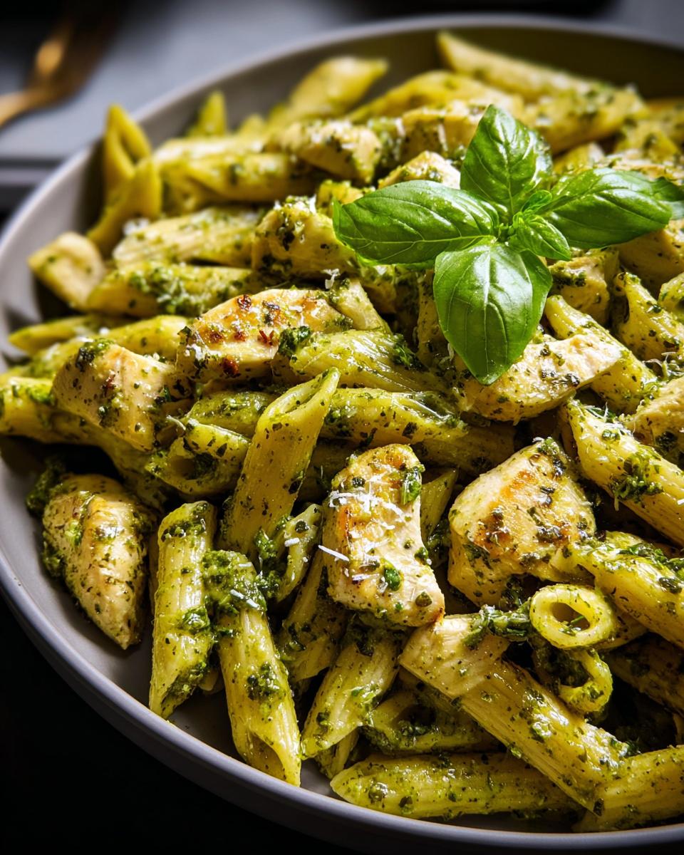 A close-up of chicken pesto pasta, featuring penne pasta, grilled chicken pieces, and a vibrant green pesto sauce, garnished with basil.