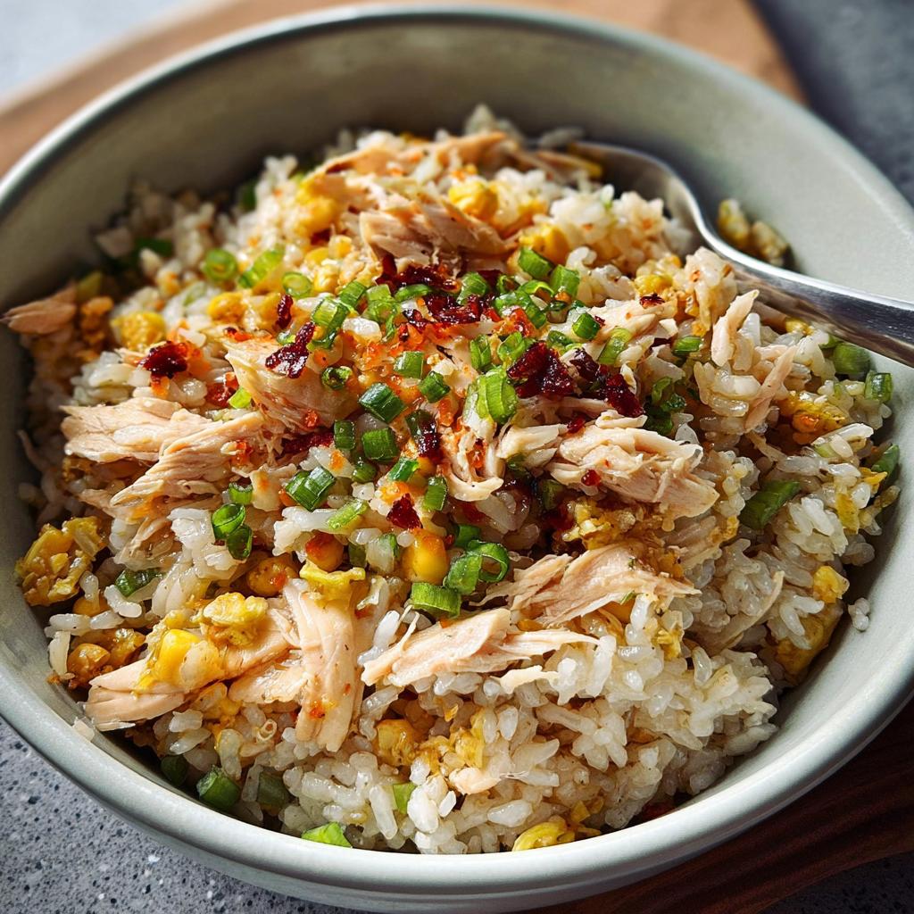 A close-up of a bowl filled with a flavorful chicken rice bowls recipe, topped with shredded chicken, corn, and green onions.