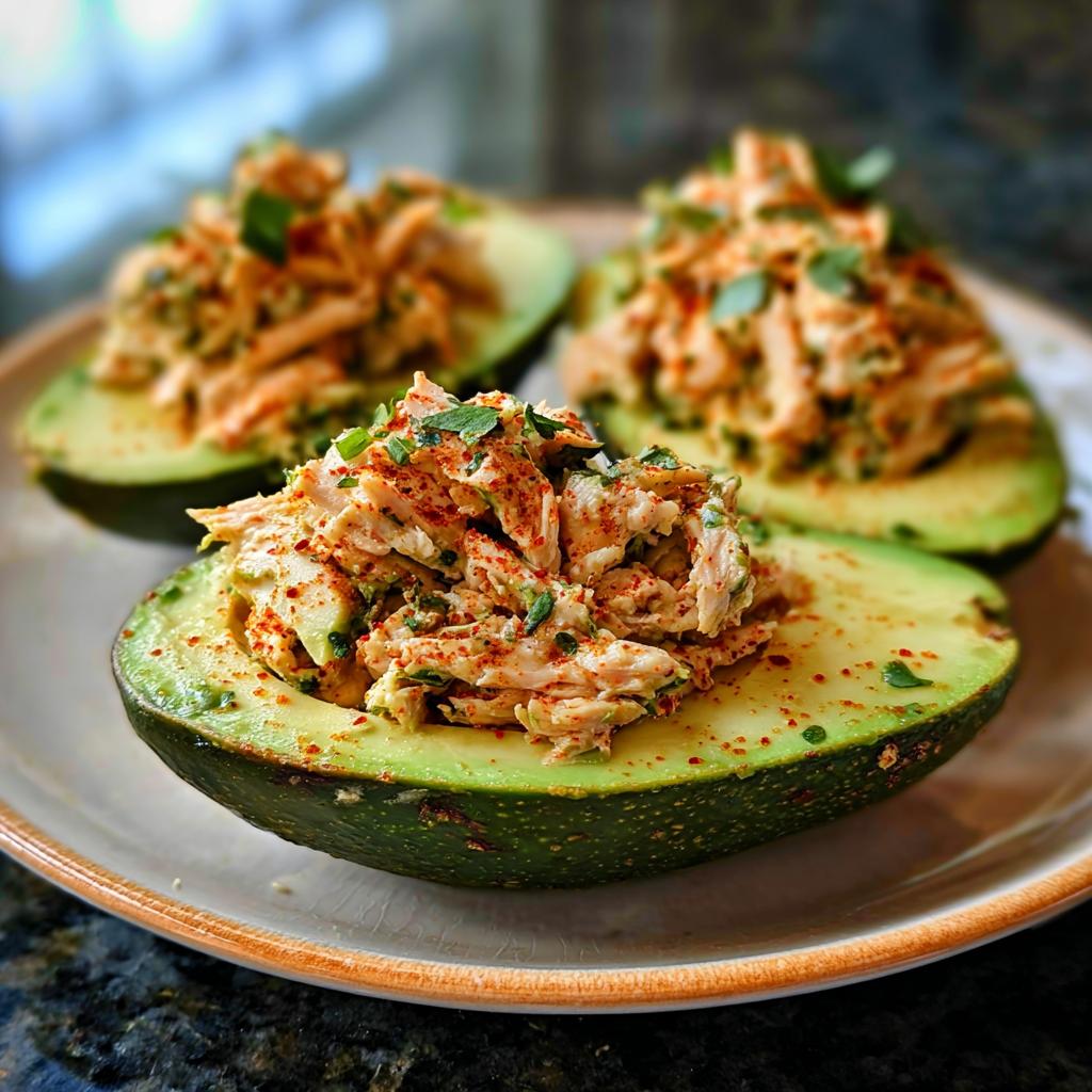 Three avocado halves filled with a savory chicken salad mixture, sprinkled with paprika and fresh herbs.