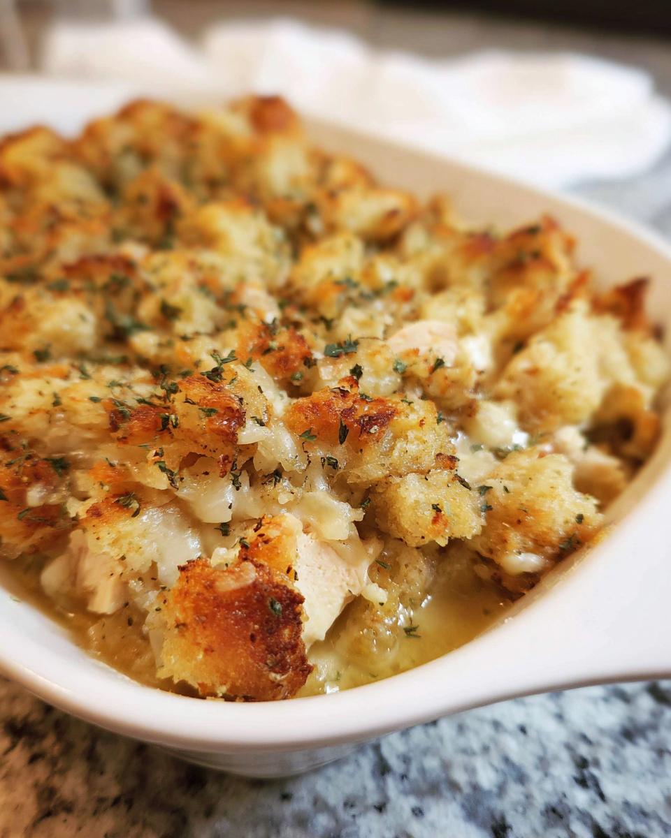 Close-up of a golden-brown chicken stuffing casserole in a white dish, topped with herbs.