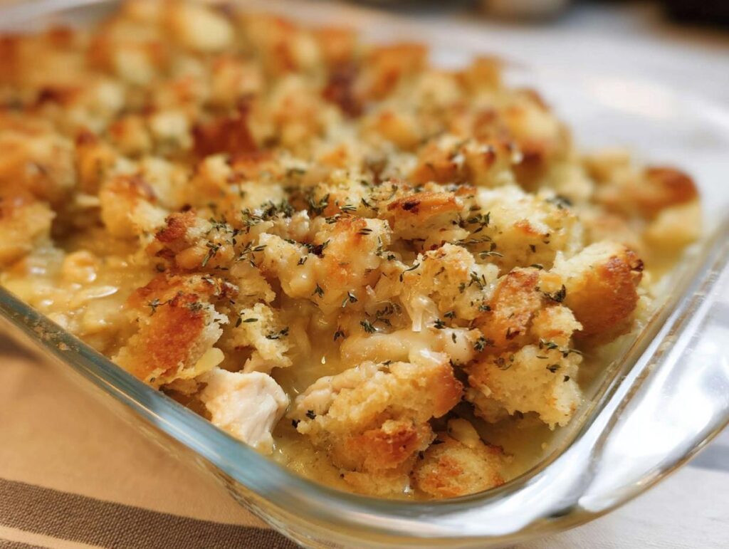 Close-up of a baked chicken and stuffing casserole in a glass dish, topped with golden-brown bread pieces and herbs.
