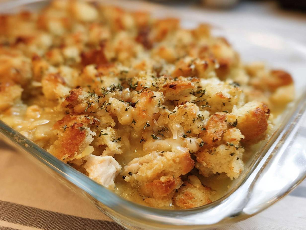 Close-up of a baked chicken and stuffing casserole in a glass dish, topped with golden-brown bread pieces and herbs.