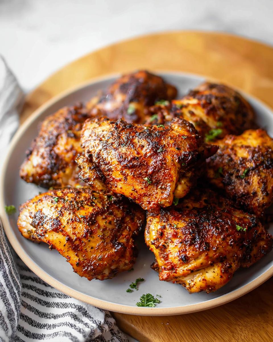 A plate piled high with perfectly baked chicken thigh recipes, seasoned and garnished with parsley.
