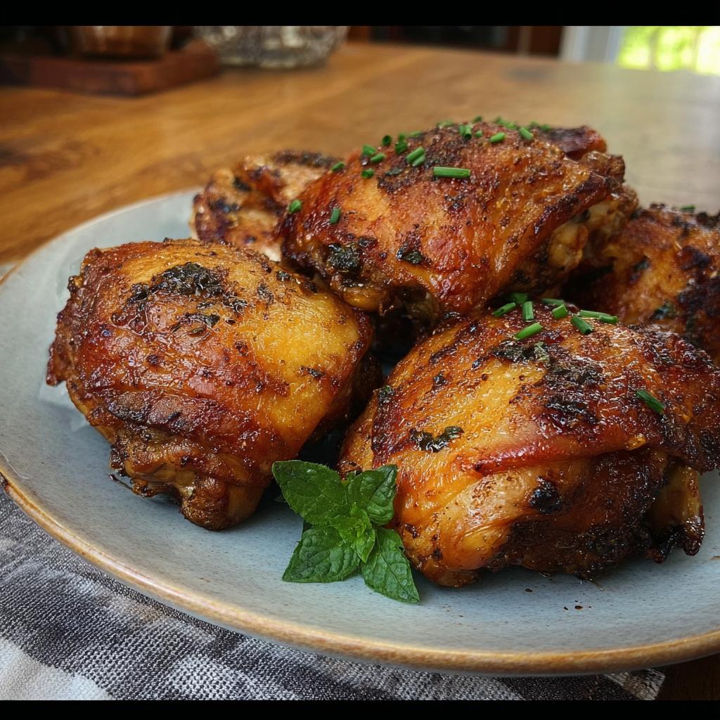 A plate of perfectly cooked, golden-brown chicken thighs, seasoned and garnished with chives and mint.