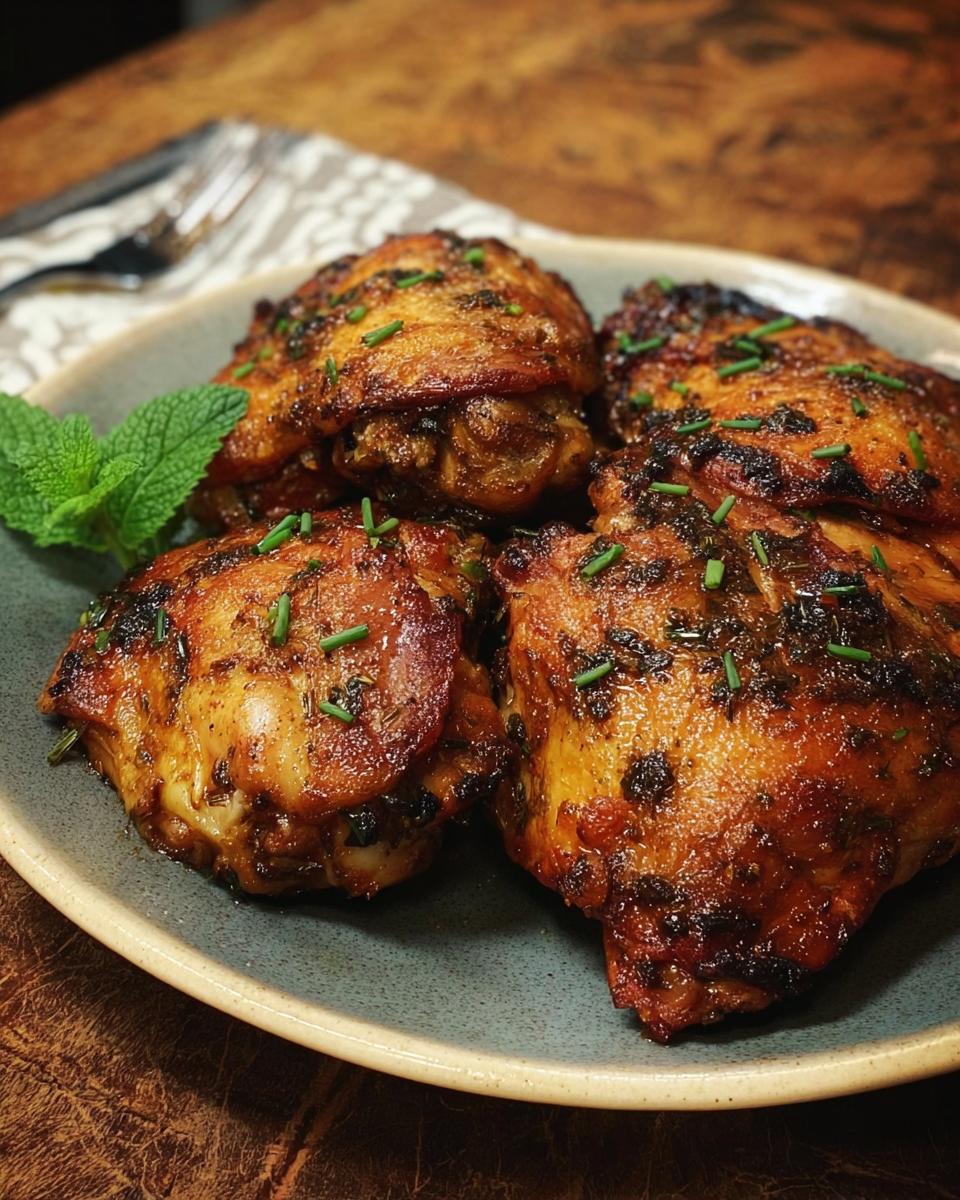 A plate of four perfectly cooked chicken thighs, seasoned with herbs and garnished with chives.