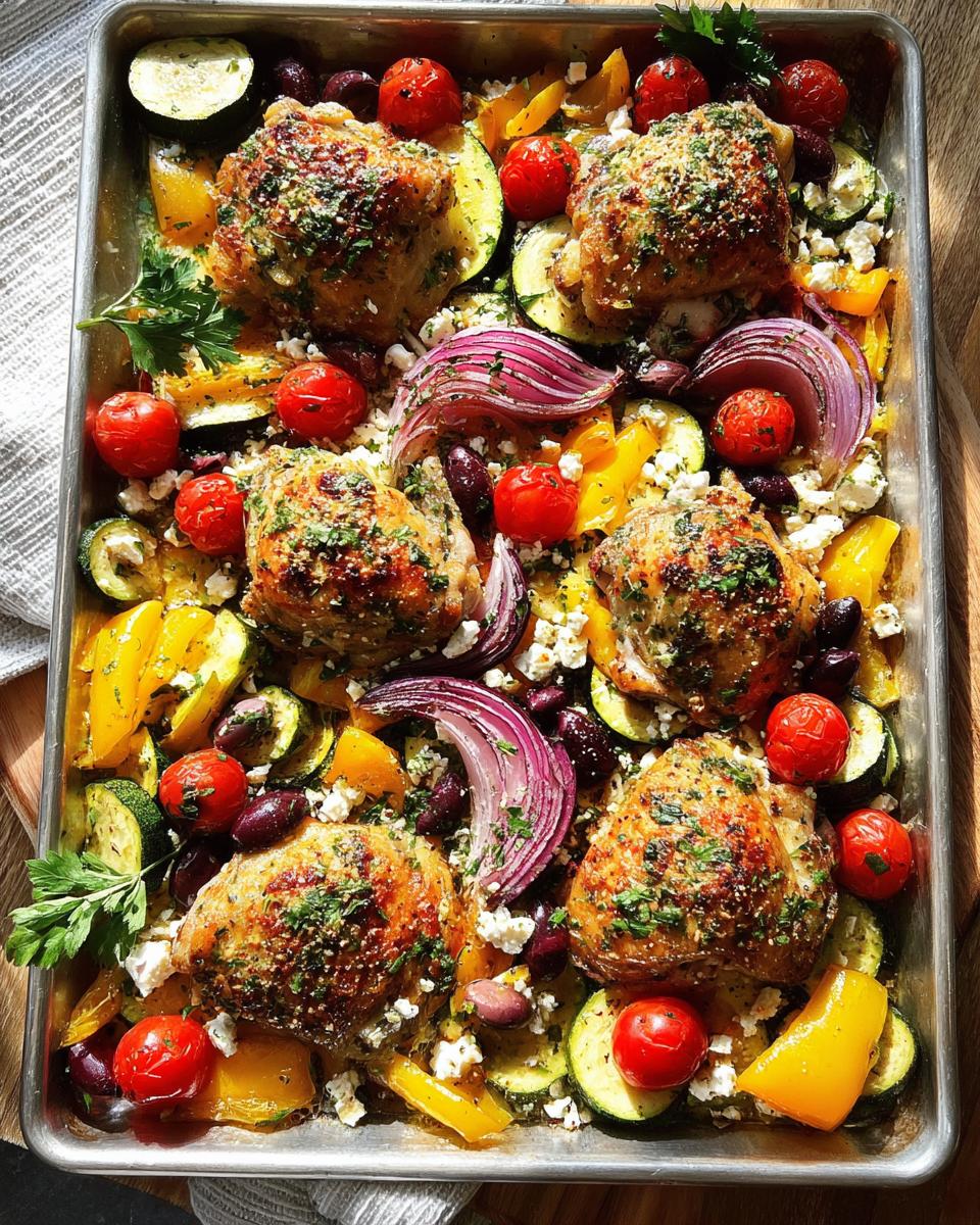 A colorful sheet pan meal with golden brown chicken thighs, cherry tomatoes, zucchini, bell peppers, red onion, olives, and feta cheese.