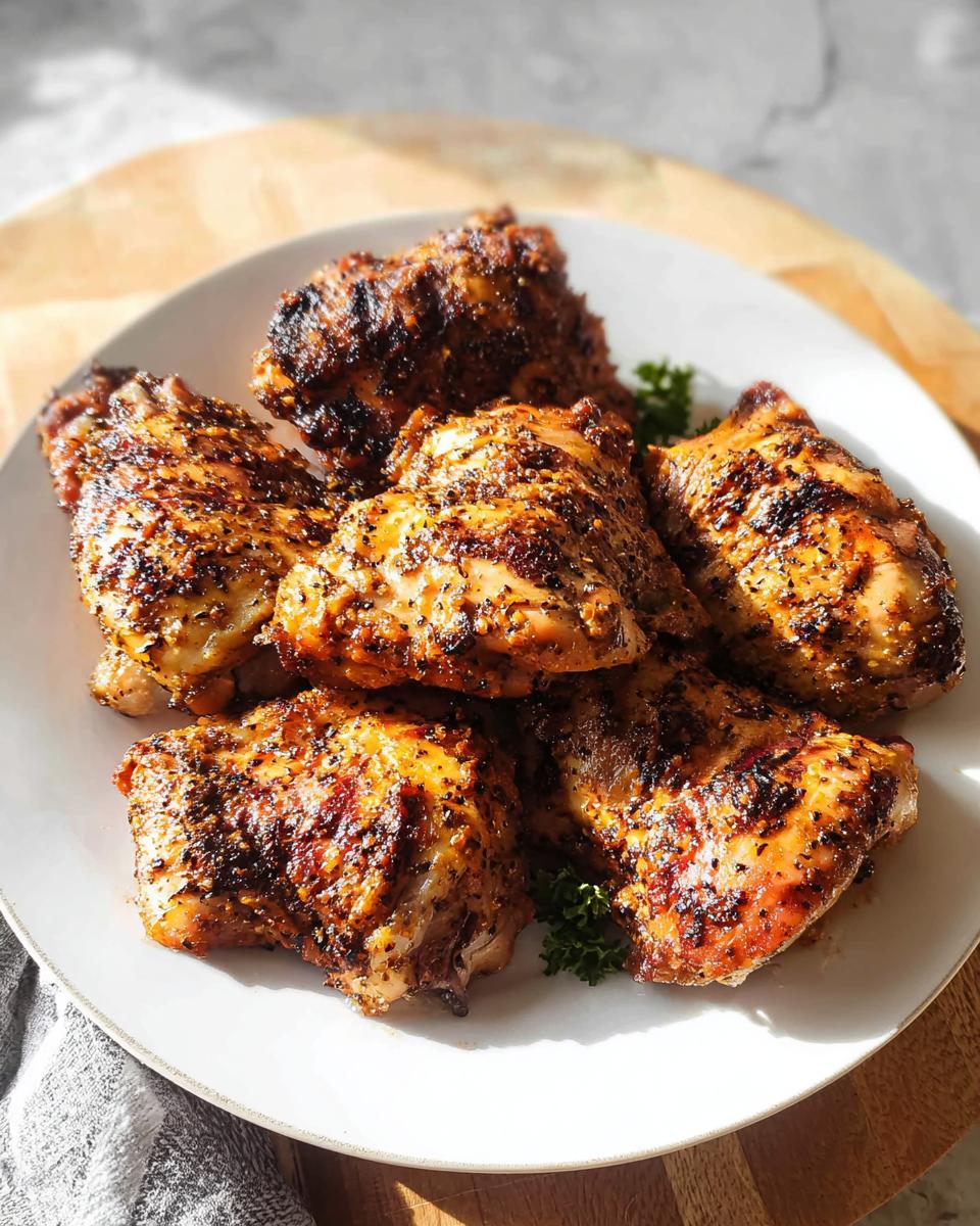 A plate of perfectly seasoned and roasted chicken thighs, a key component of our chicken thigh recipes.