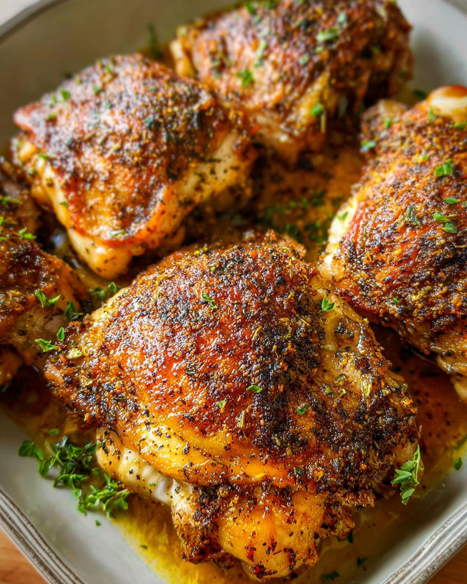 Close-up of golden-brown, crispy chicken thigh recipes seasoned with herbs and spices, served in a dish.