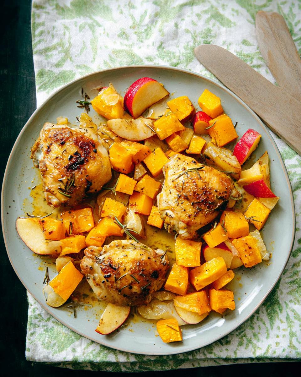 Three golden-brown roasted chicken thighs served with diced butternut squash and apple wedges on a light blue plate.