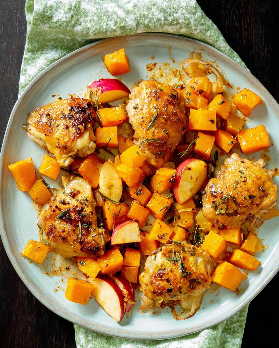 A plate of roasted chicken thighs with cubed butternut squash, apple slices, and rosemary, showcasing one of the 25 Genius Chicken Thigh Recipes.