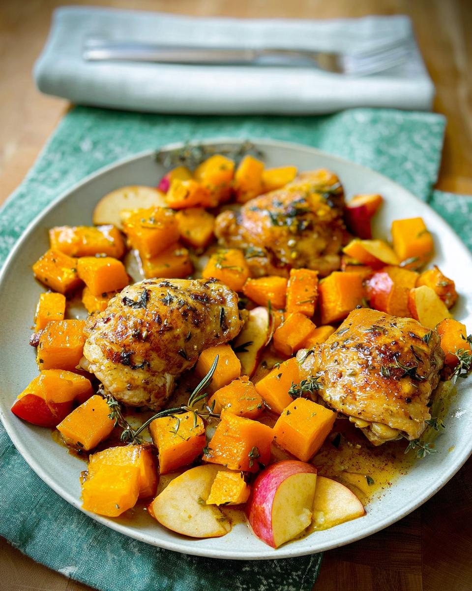 A plate of roasted chicken thighs served with cubes of butternut squash and apple slices, garnished with herbs.