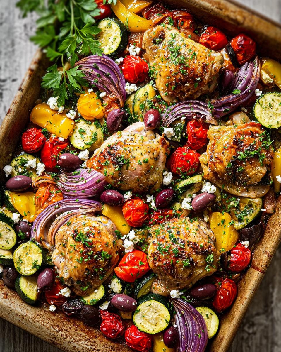 Overhead view of a sheet pan filled with roasted chicken thighs, zucchini, cherry tomatoes, red onion, bell peppers, olives, and feta cheese.