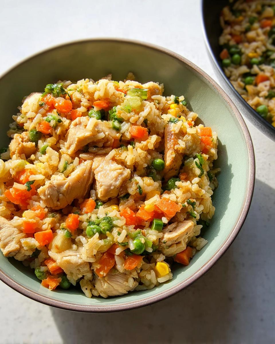 A close-up of a bowl filled with delicious chicken and vegetable rice bowls recipe, featuring rice, chicken pieces, peas, carrots, and corn.