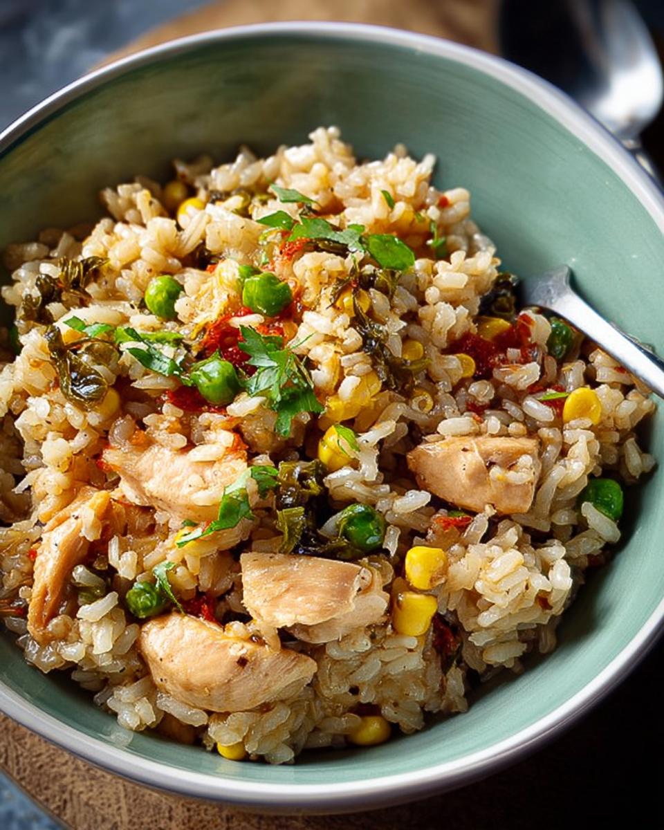 A close-up of a delicious chicken and vegetable rice bowls recipe, packed with flavor and color.