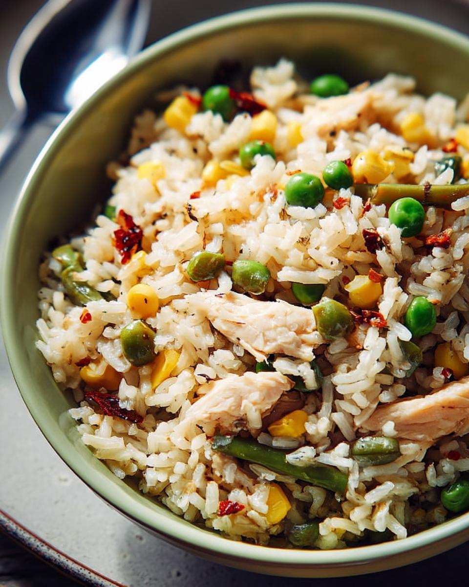A close-up of a delicious chicken and vegetable rice bowls recipe, featuring rice, chicken, peas, corn, and green beans.