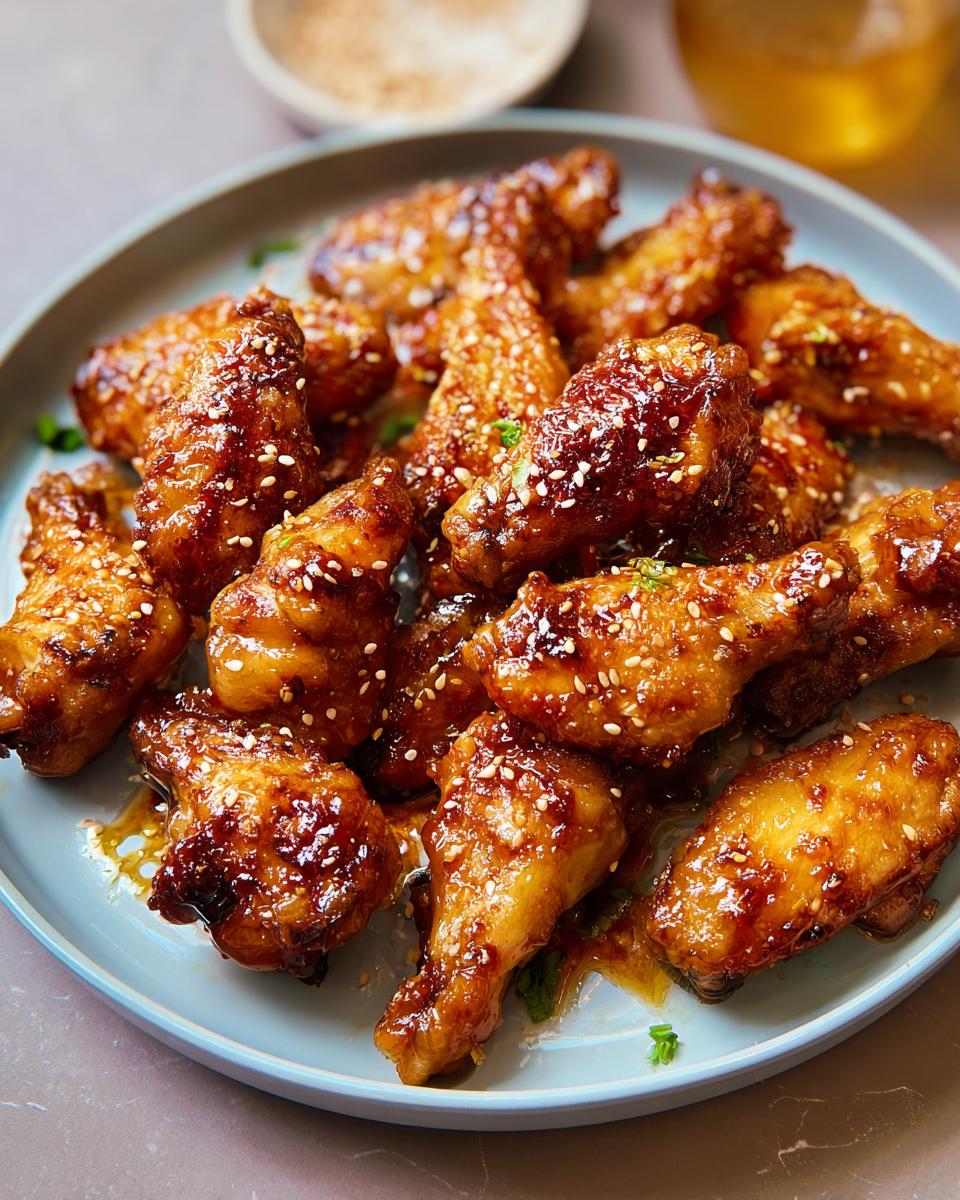 A plate full of glistening, glazed chicken wings topped with sesame seeds, perfect for chicken wings recipes meal prep.