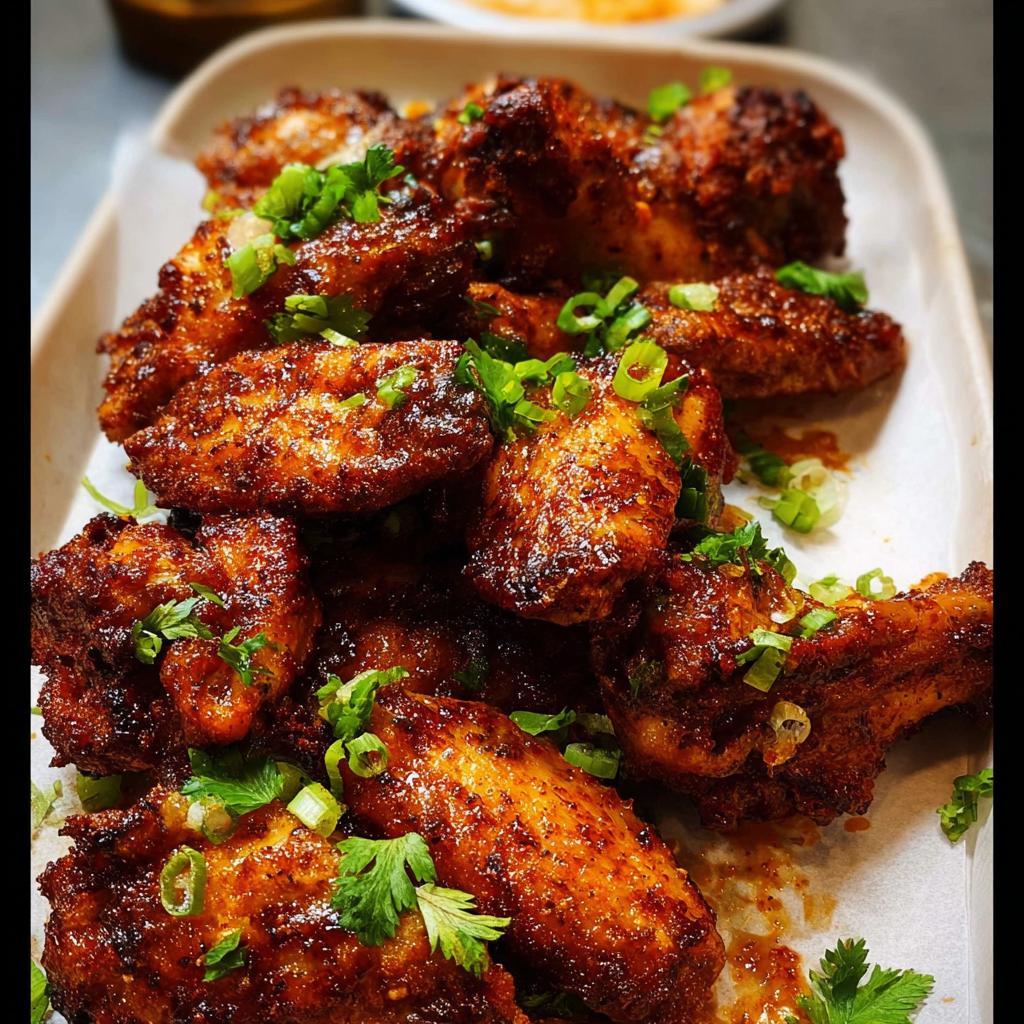 A close-up of a platter of perfectly cooked, crispy chicken wings seasoned with spices and garnished with fresh green onions.