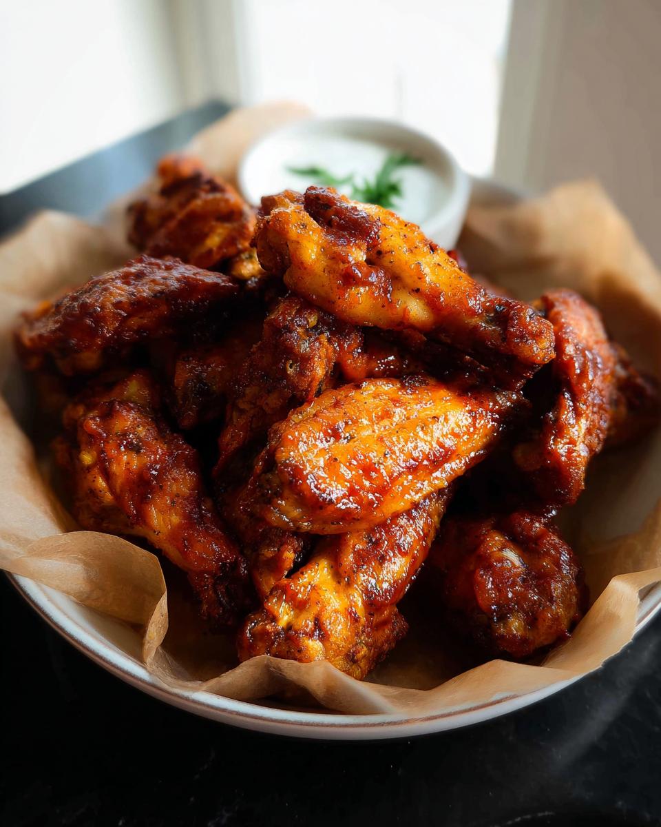 A close-up of a pile of glossy, saucy chicken wings served with a small bowl of dipping sauce.