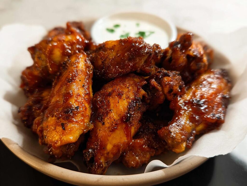 A close-up of glossy, saucy chicken wings served with a side of dipping sauce, perfect for quick Chicken Wings Recipes in 20 Minutes.