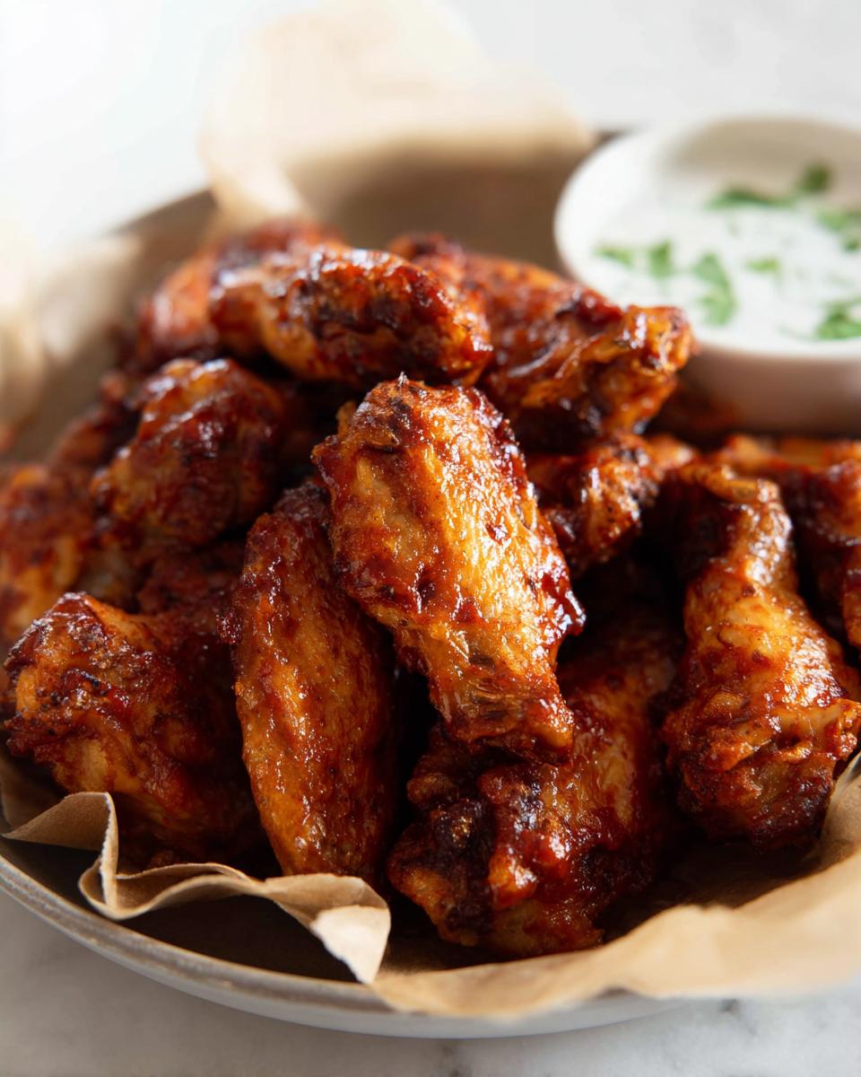 A close-up of a pile of glossy, saucy chicken wings, served with a side of dipping sauce.
