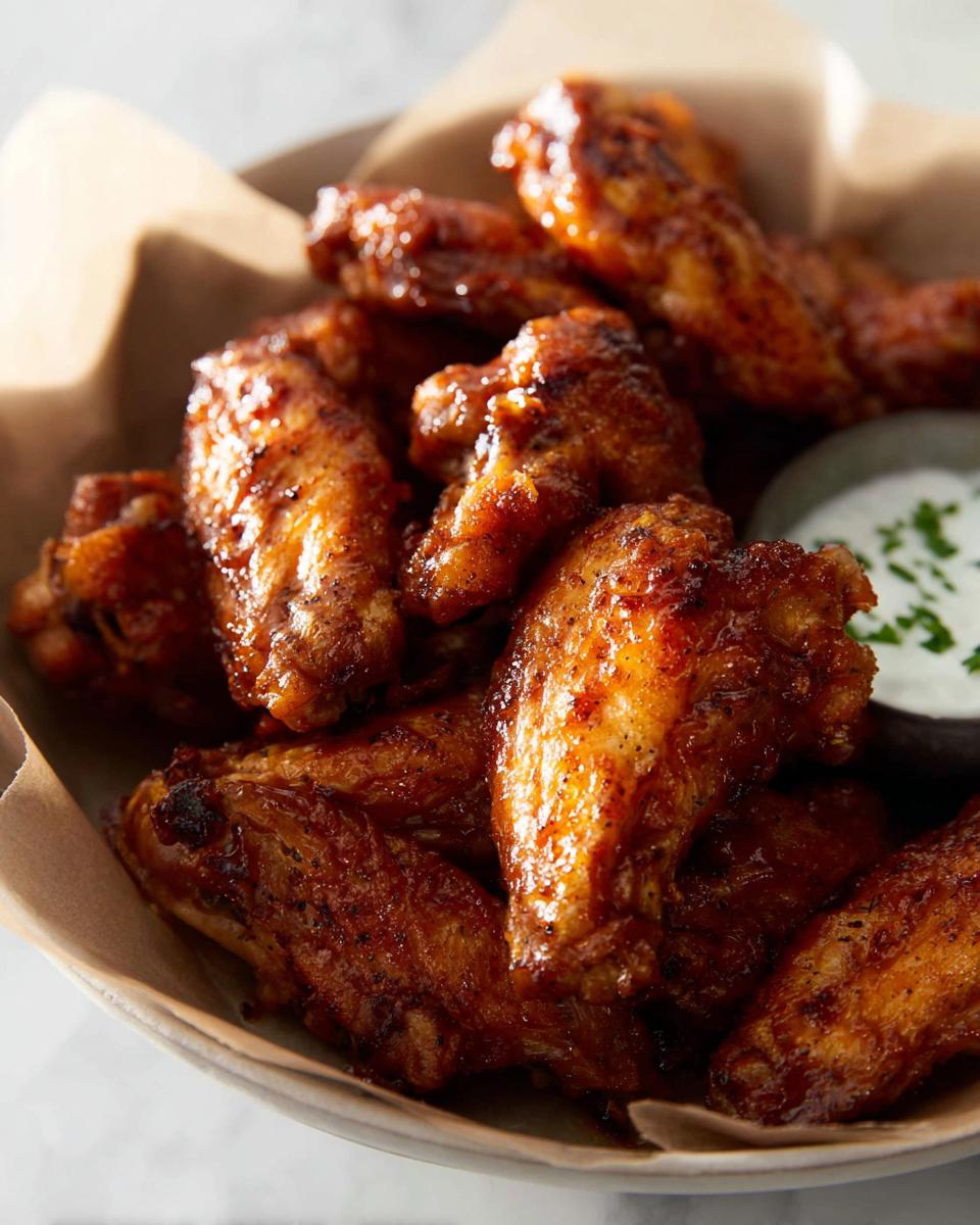 Close-up of a bowl filled with glossy, baked chicken wings, served with a side of dipping sauce.