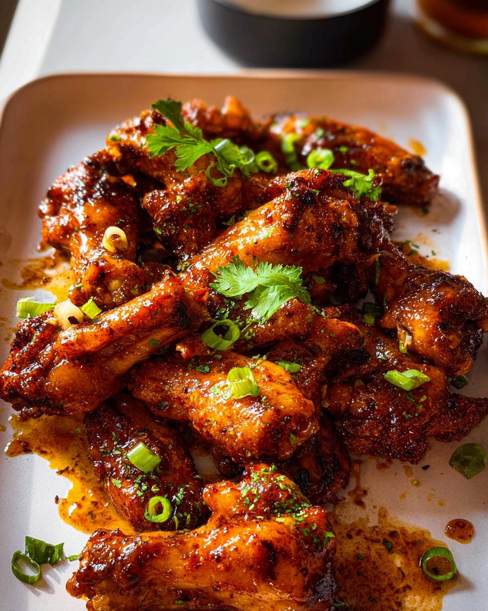 A close-up of a platter filled with glossy, glazed chicken wings recipes, garnished with fresh cilantro and green onions.