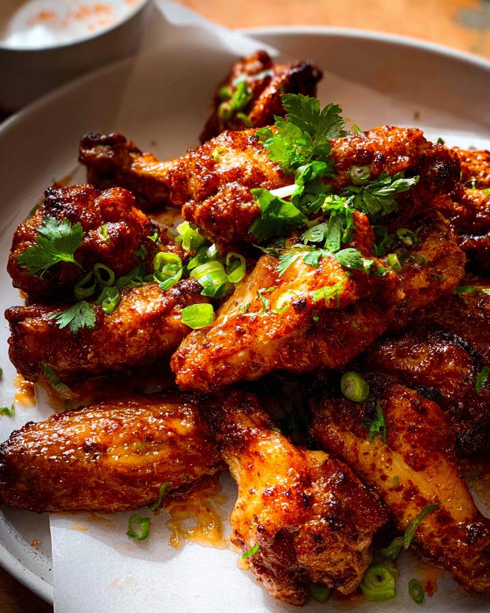 Close-up of a plate piled high with crispy, glazed chicken wings, garnished with fresh green onions and cilantro.