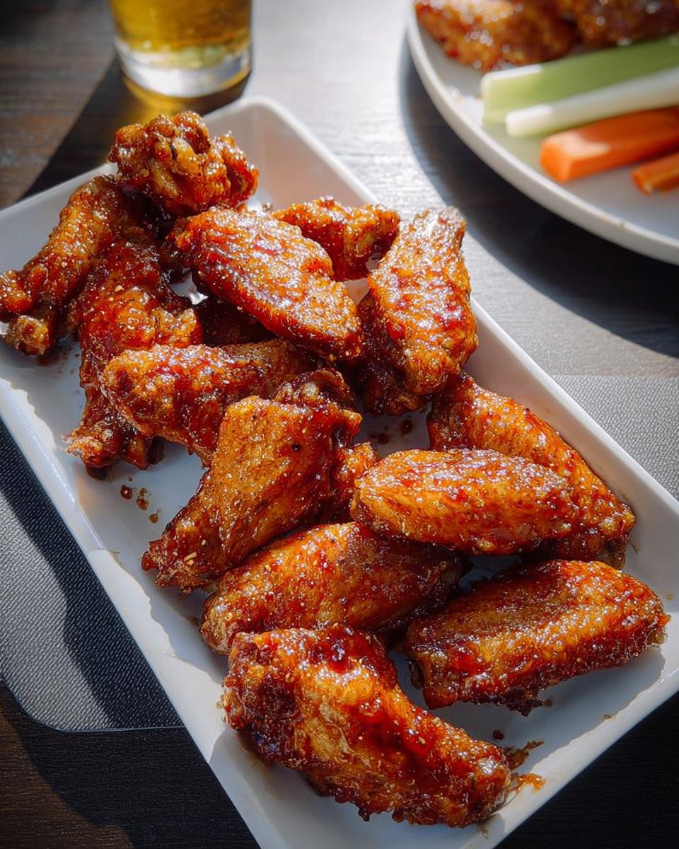 A platter of glossy, glazed chicken wings, perfect for quick chicken wings recipes.