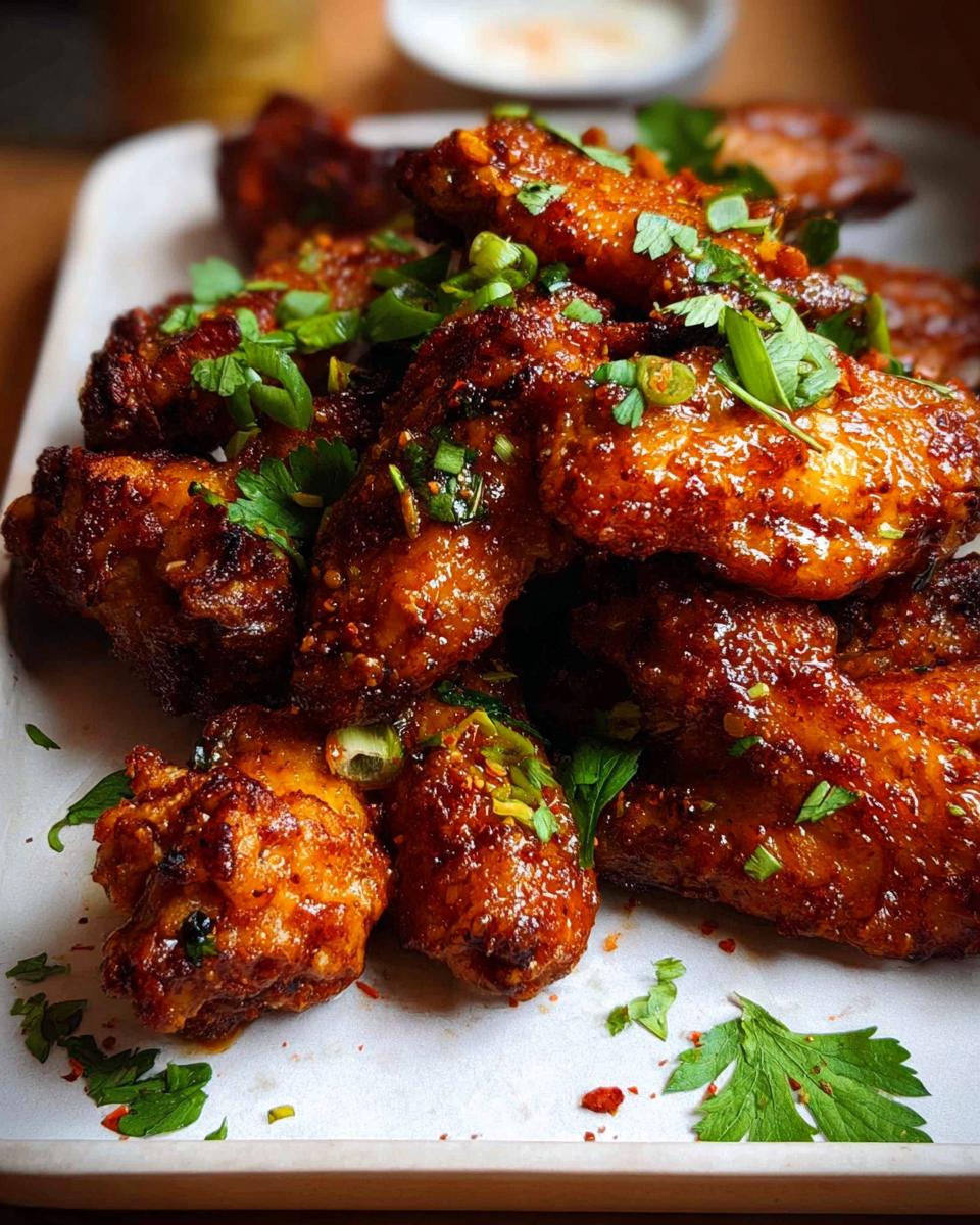 Close-up of a pile of glossy, glazed chicken wings recipes, garnished with chopped green onions and parsley.