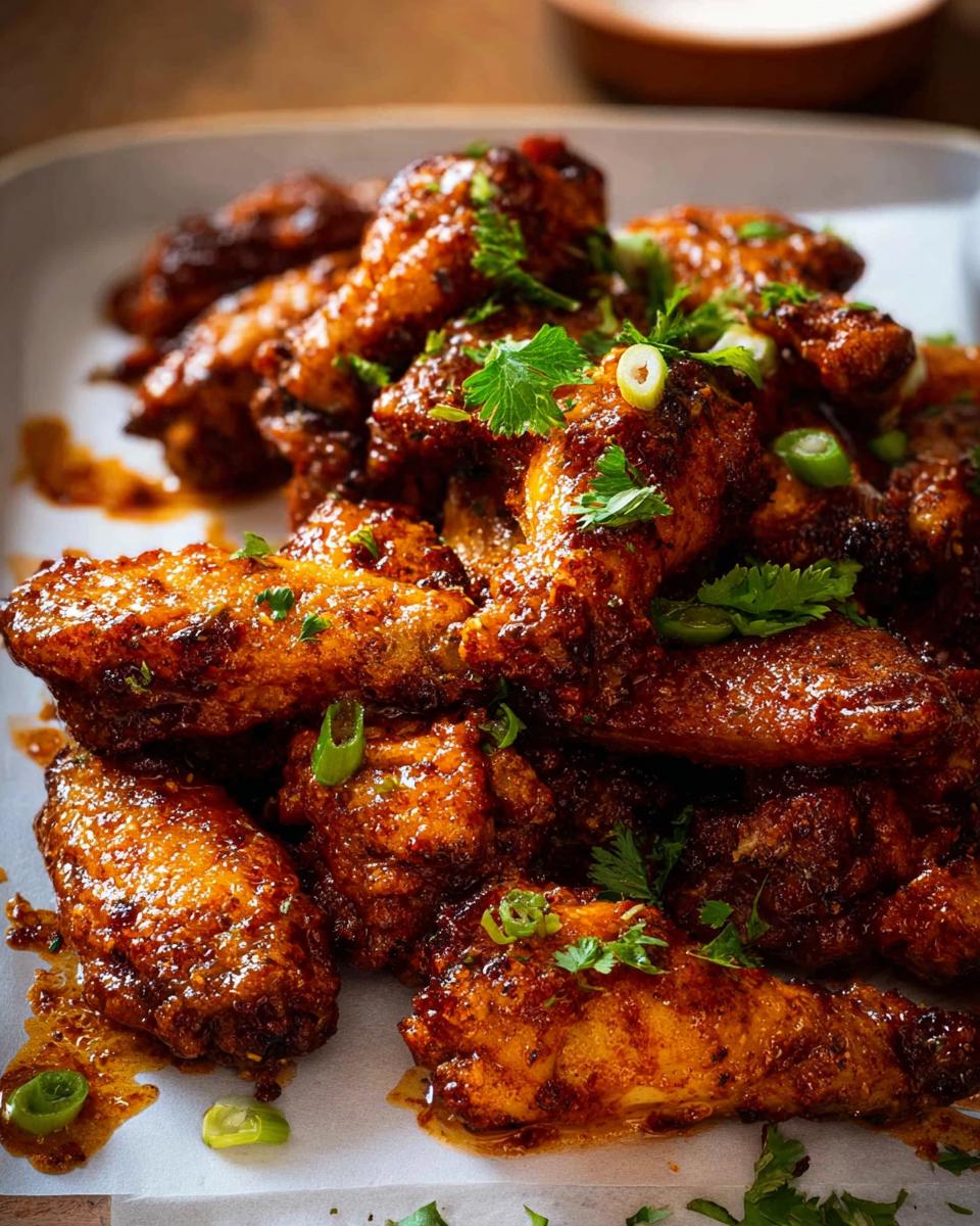 A close-up of a pile of glistening, saucy chicken wings, garnished with fresh cilantro and green onions.