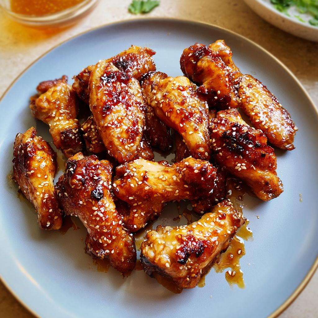 A plate of glossy, glazed chicken wings sprinkled with sesame seeds, perfect for chicken wings recipes meal prep.