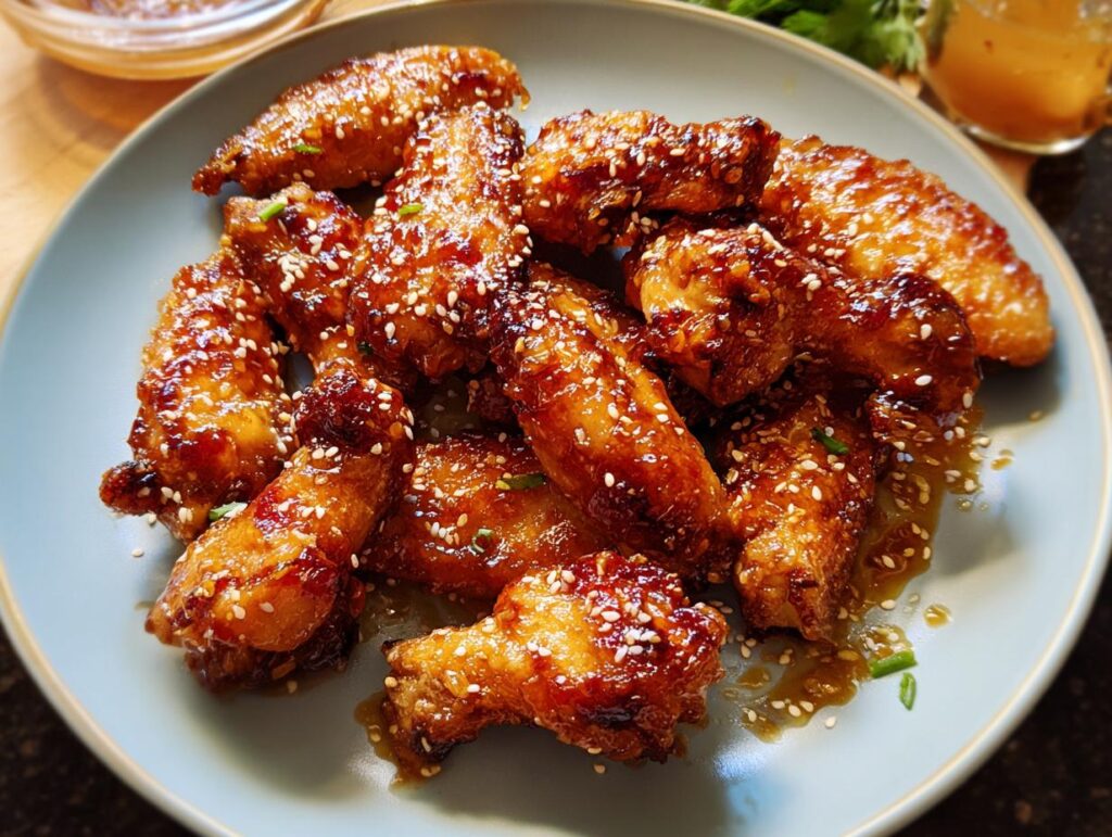 A plate of glossy, glazed chicken wings, sprinkled with sesame seeds and chives, perfect for chicken wings recipes meal prep.