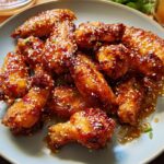 A plate of glossy, glazed chicken wings, sprinkled with sesame seeds and chives, perfect for chicken wings recipes meal prep.