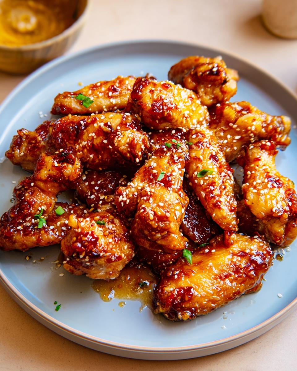 A plate full of glistening, glazed chicken wings, sprinkled with sesame seeds and chopped green onions, perfect for Chicken Wings Recipes Meal Prep.