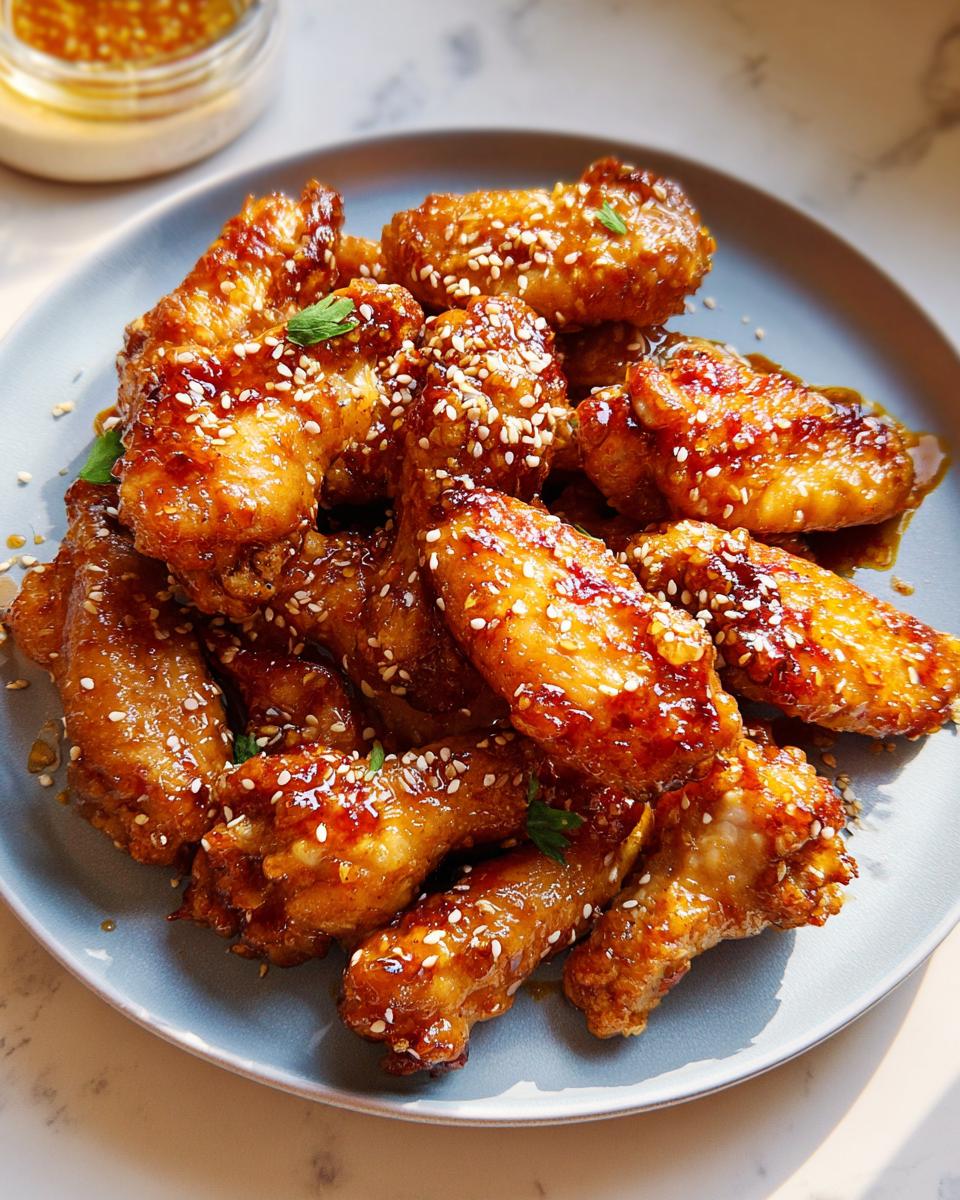 Plate of glossy, glazed chicken wings topped with sesame seeds, perfect for chicken wings recipes meal prep.