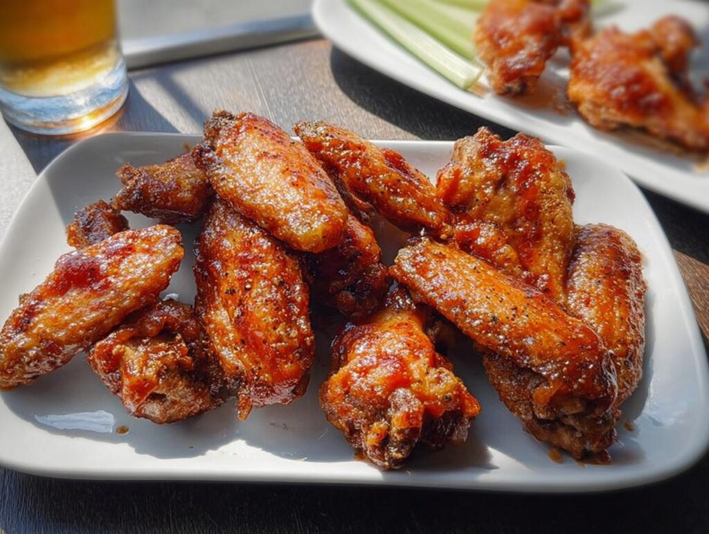 A close-up of a platter of glistening, saucy chicken wings, perfect for any chicken wings recipes.