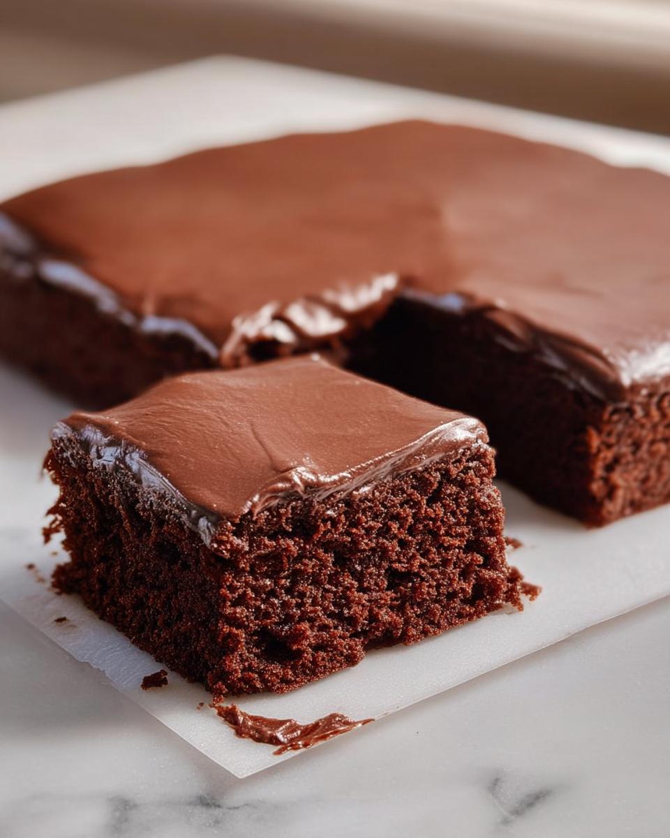 A close-up of a moist chocolate cake with rich chocolate frosting, showcasing delicious cake ideas recipes.