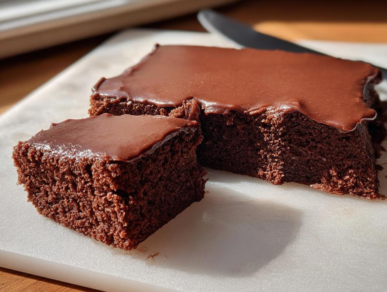A moist and rich chocolate cake recipe, sliced and topped with glossy chocolate frosting.