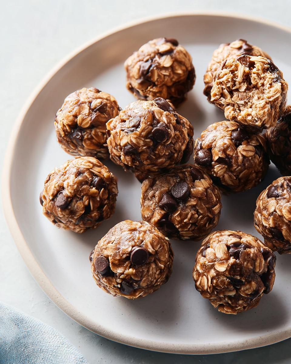 A pile of no-bake chocolate chip energy bites, perfect for quick breakfast ideas recipes.