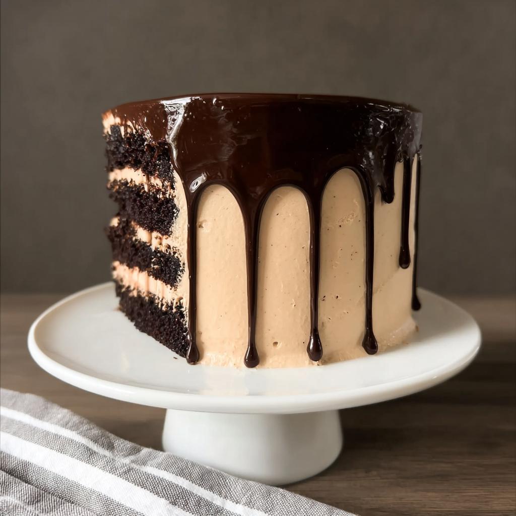 A slice of rich chocolate cake with caramel frosting and chocolate ganache drip, showcasing cake ideas recipes.