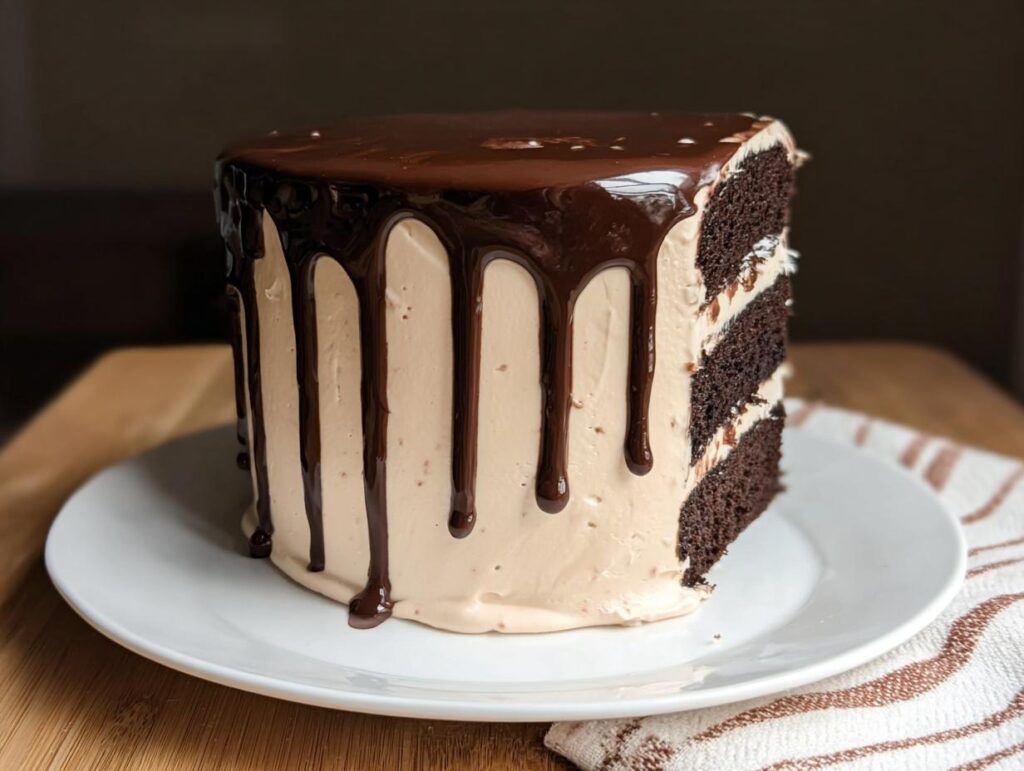 A slice of decadent chocolate cake with creamy frosting and rich chocolate ganache drip.