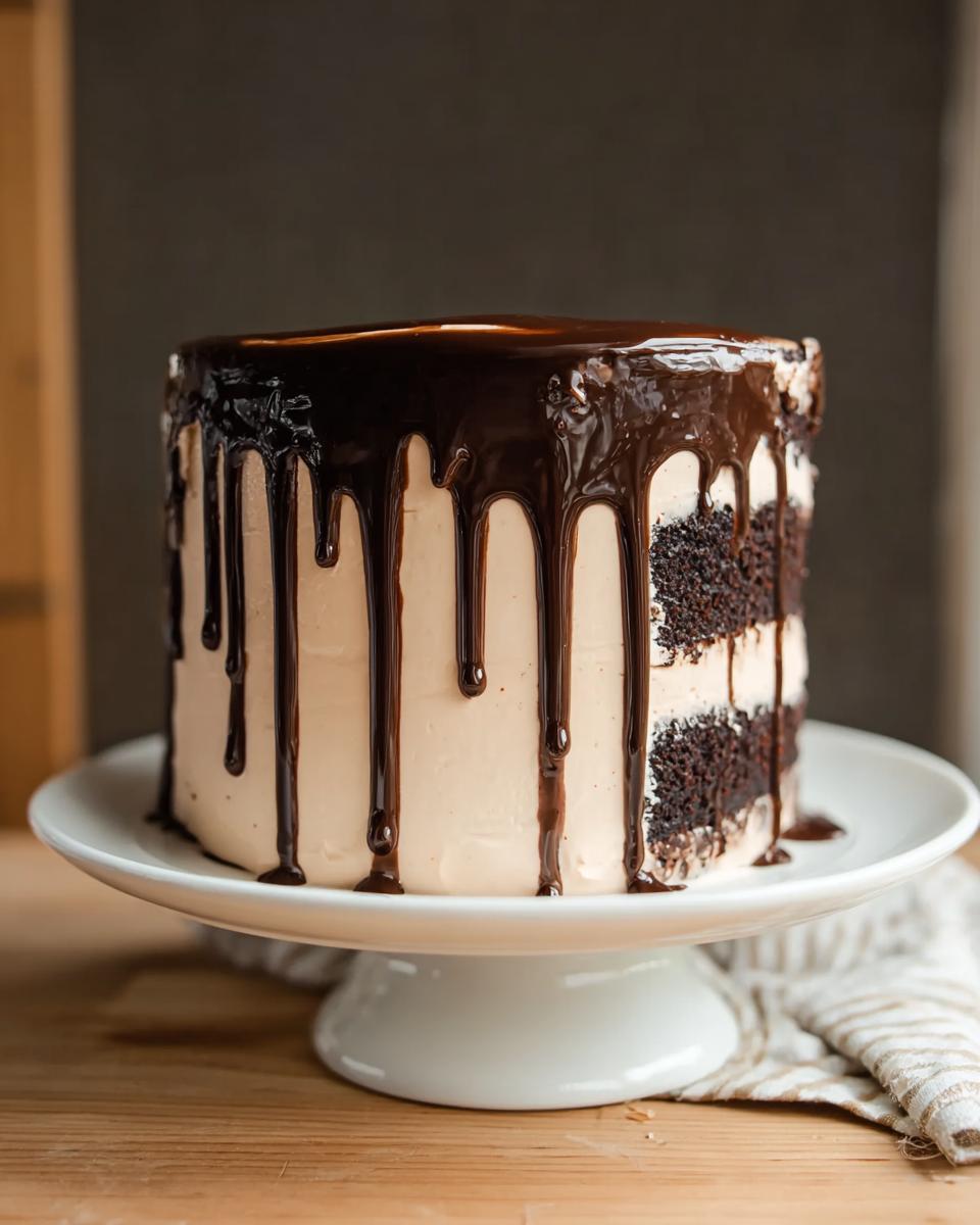 A decadent chocolate drip cake with layers of chocolate cake and creamy frosting, perfect for any celebration.