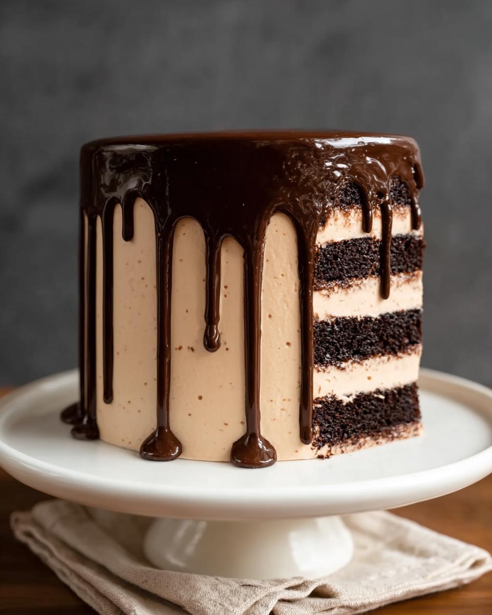 A decadent chocolate drip cake with layers of chocolate cake and mocha frosting, showcasing amazing cake ideas recipes.