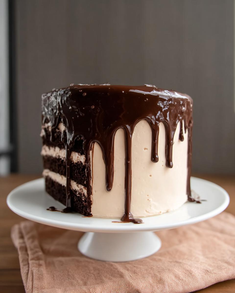 A decadent chocolate drip cake with layers of chocolate cake and cream frosting, perfect for cake ideas recipes.