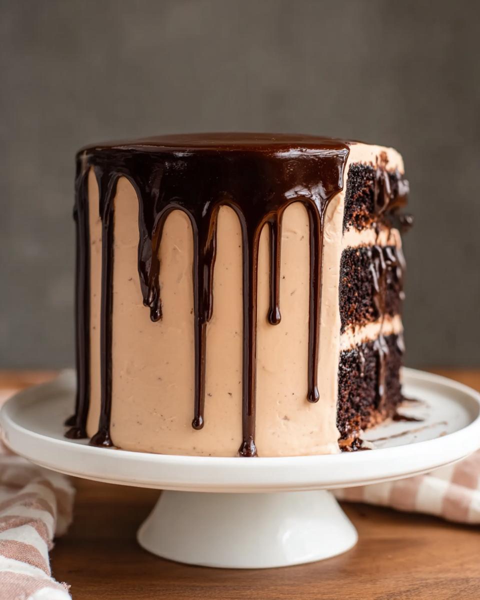 A rich chocolate cake with light brown frosting and chocolate ganache drips, showcasing layers of cake and frosting.