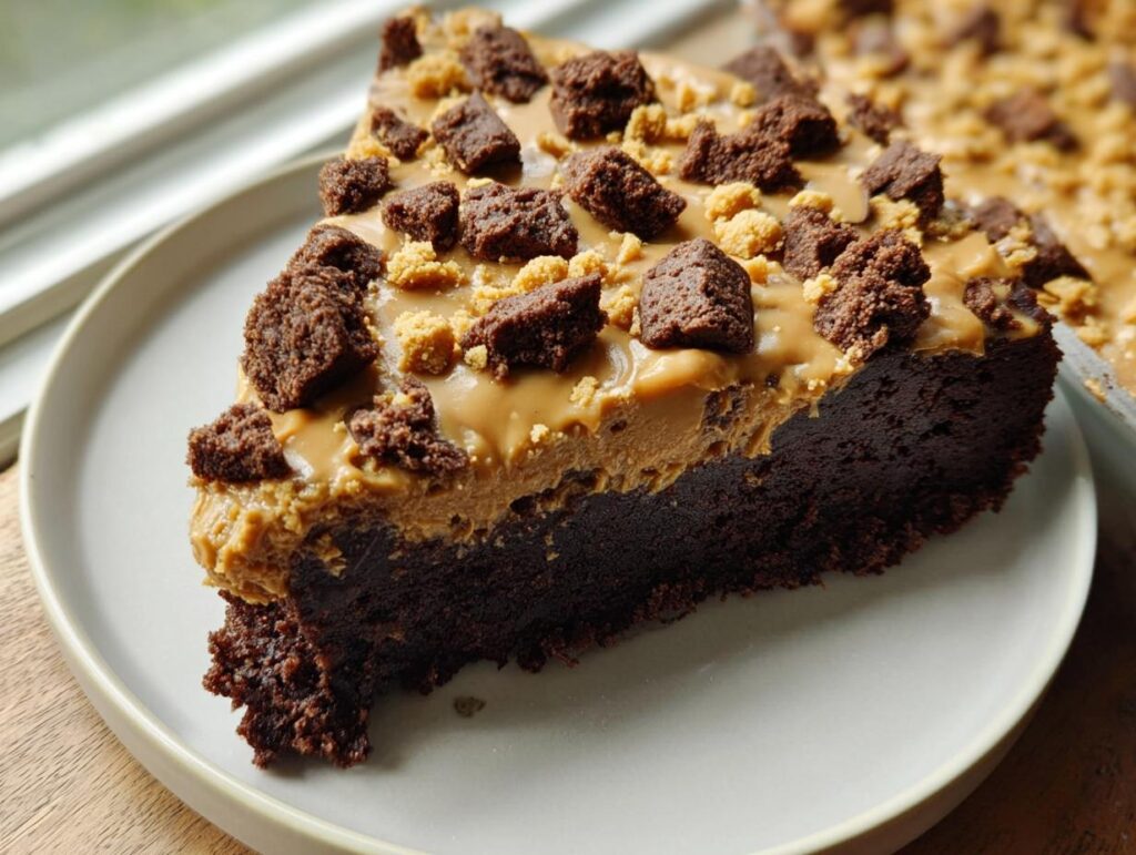 A slice of rich chocolate cake with peanut butter frosting and brownie crumbles, part of our Cake Ideas Recipes.