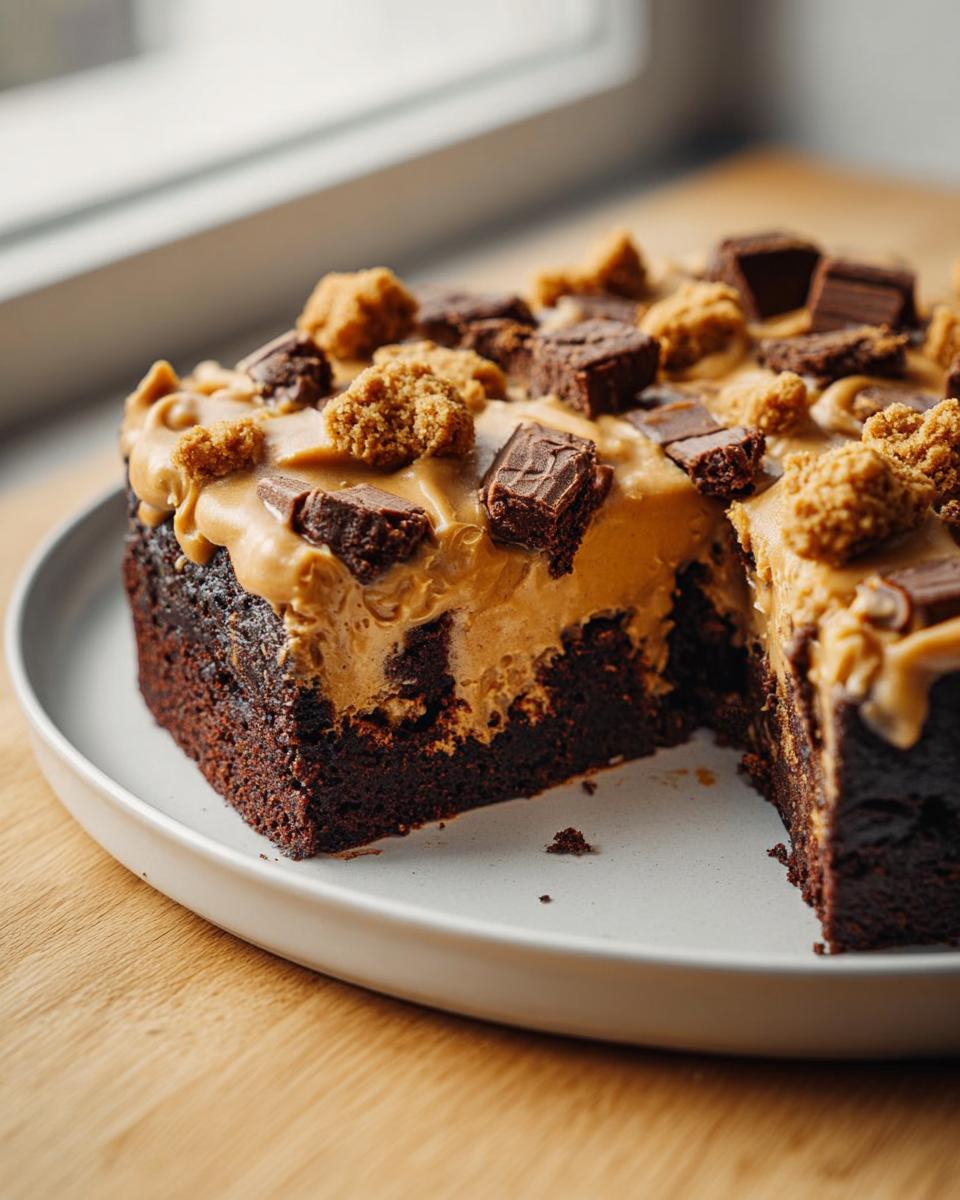 A decadent chocolate cake with peanut butter frosting, topped with chocolate chunks and cookie crumbles. A slice is missing.